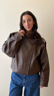 Chocolate faux leather bomber jacket