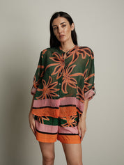 Shorts petrolio fiore arancio