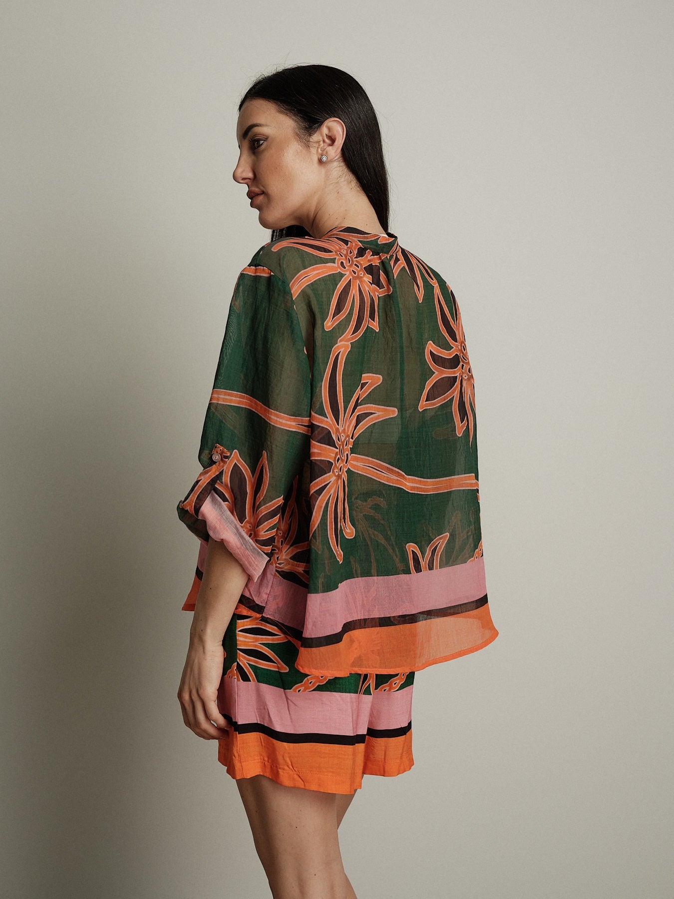 Camicia petrolio fiore arancio