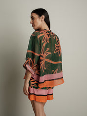 Camicia petrolio fiore arancio