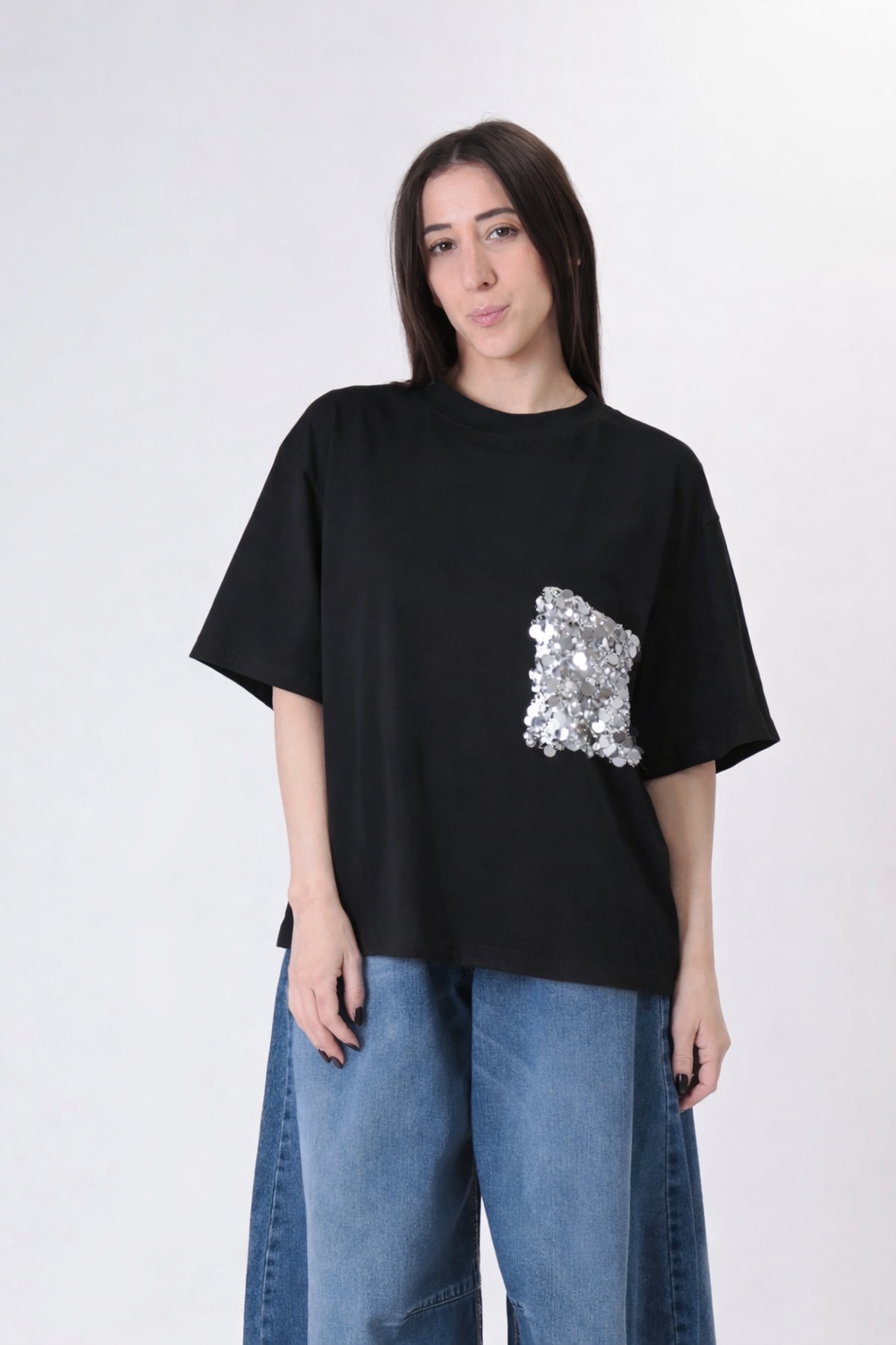 T-shirt tasca paillettes nero