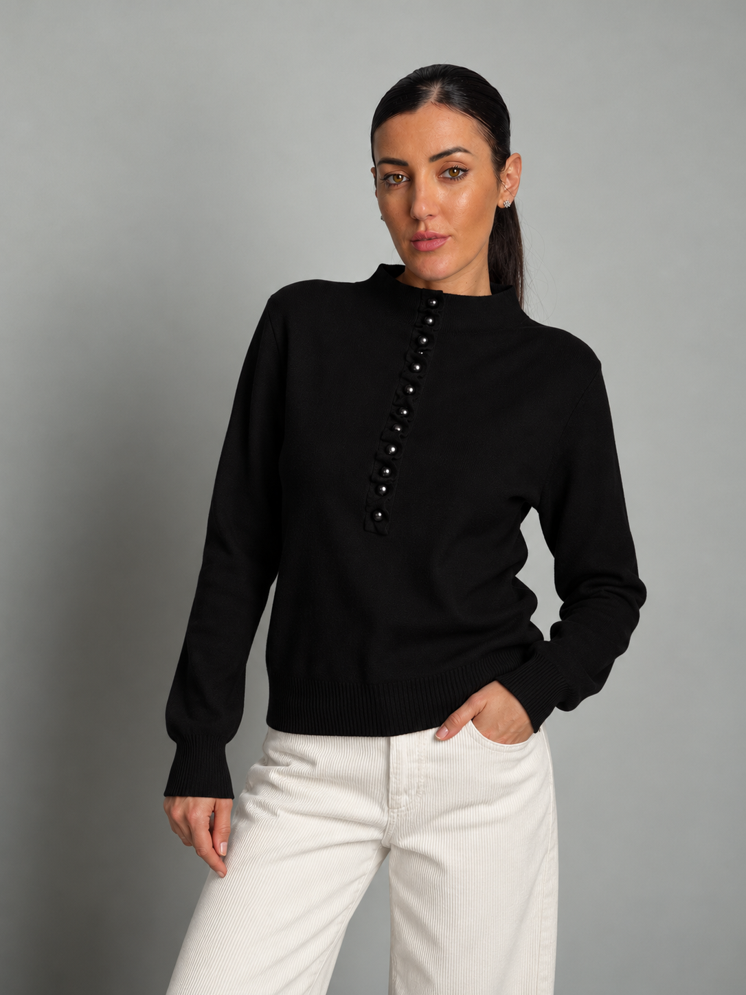 Pullover bottoni perla - nero
