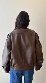 Chocolate faux leather bomber jacket