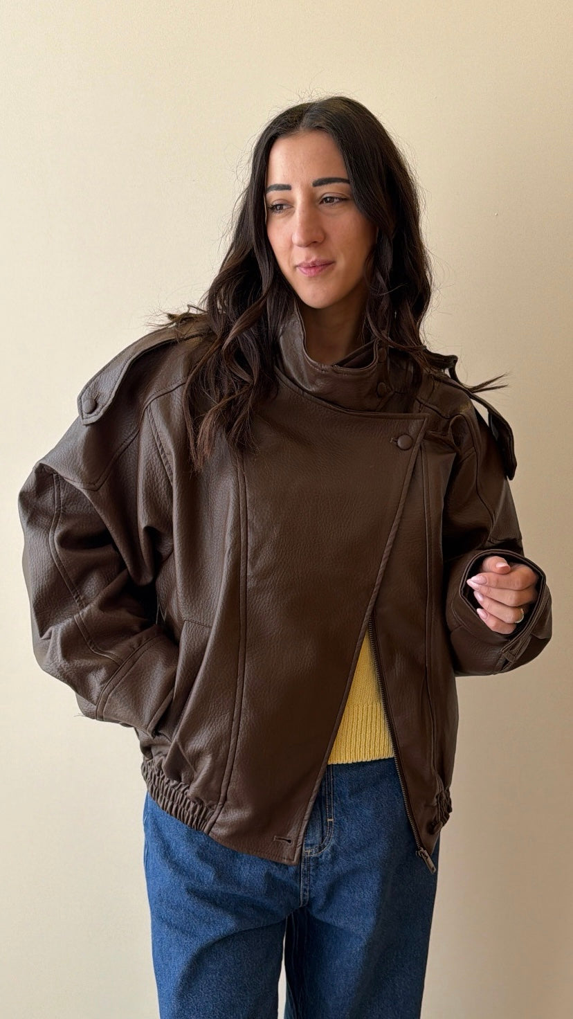 Chocolate faux leather bomber jacket