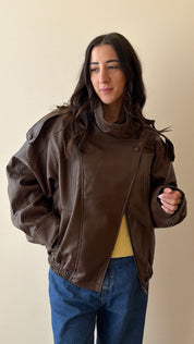 Chocolate faux leather bomber jacket