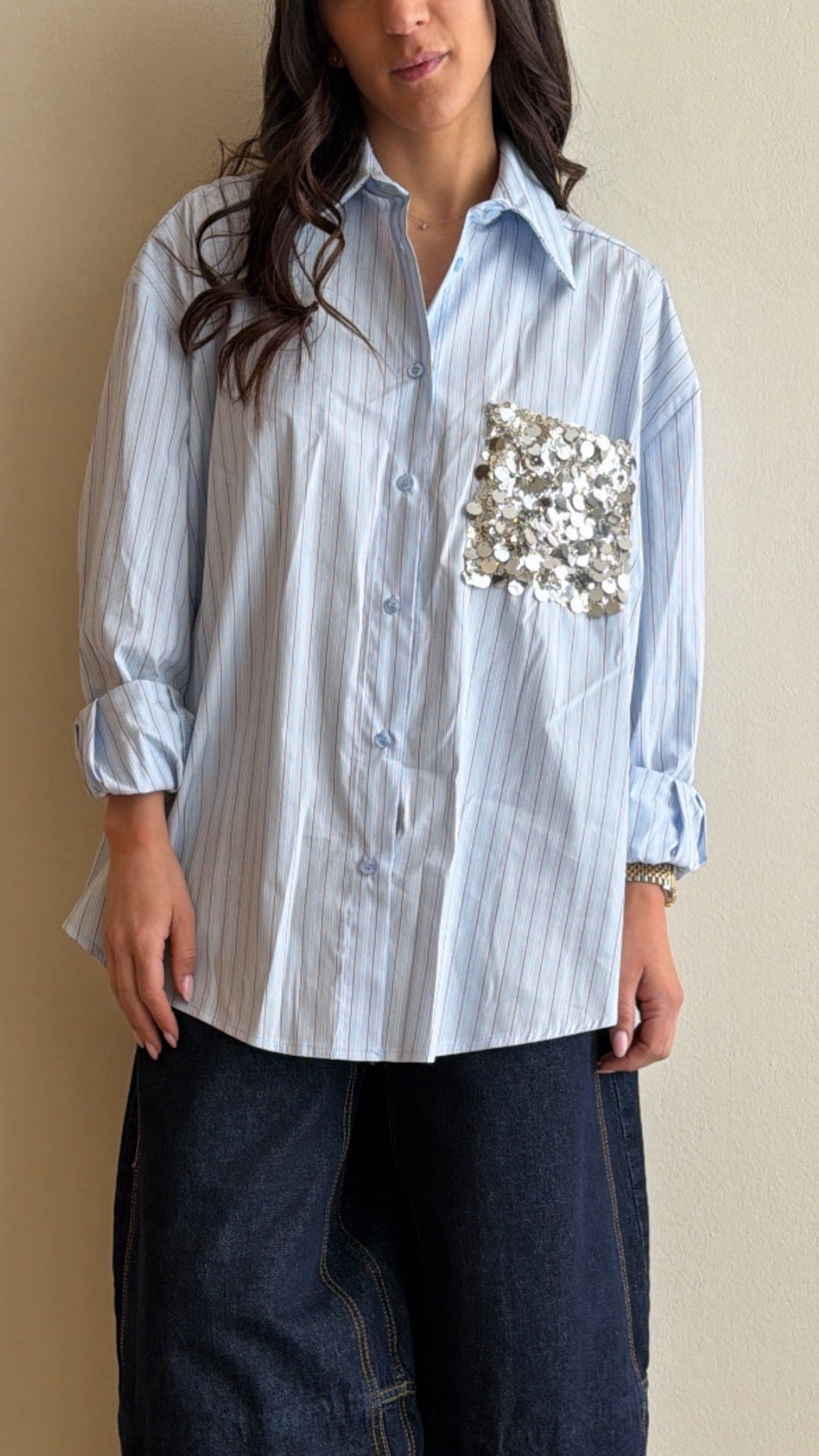 Camicia riga tasca paillettes celeste