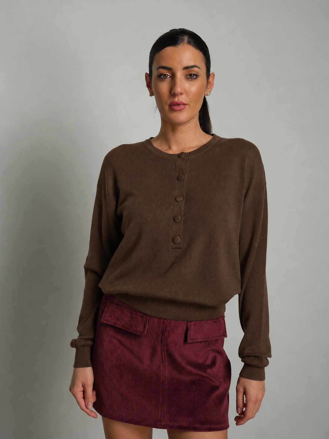 Pullover serafino bottoni - marrone