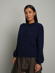 Polo in misto lana manica sbuffo - Blu notte