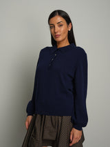 Polo in misto lana manica sbuffo - Blu notte