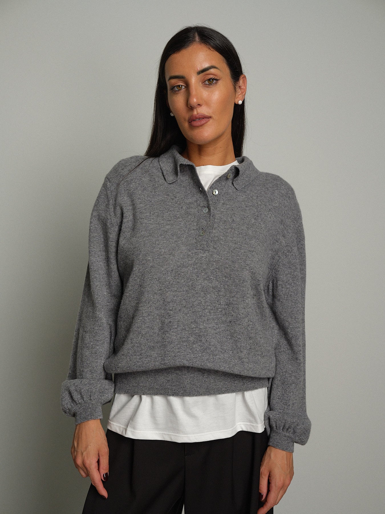 Polo in misto lana manica sbuffo - Grigio
