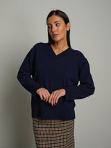 Pull misto lana scollo V - Blu
