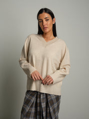 Pull misto lana scollo V - Beige