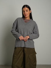 Pull misto lana scollo V - Grigio