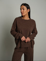 Completo in maglia girocollo misto lana - moro