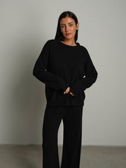 Completo in maglia girocollo misto lana - Nero