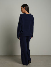 Completo in maglia girocollo misto lana - Blu