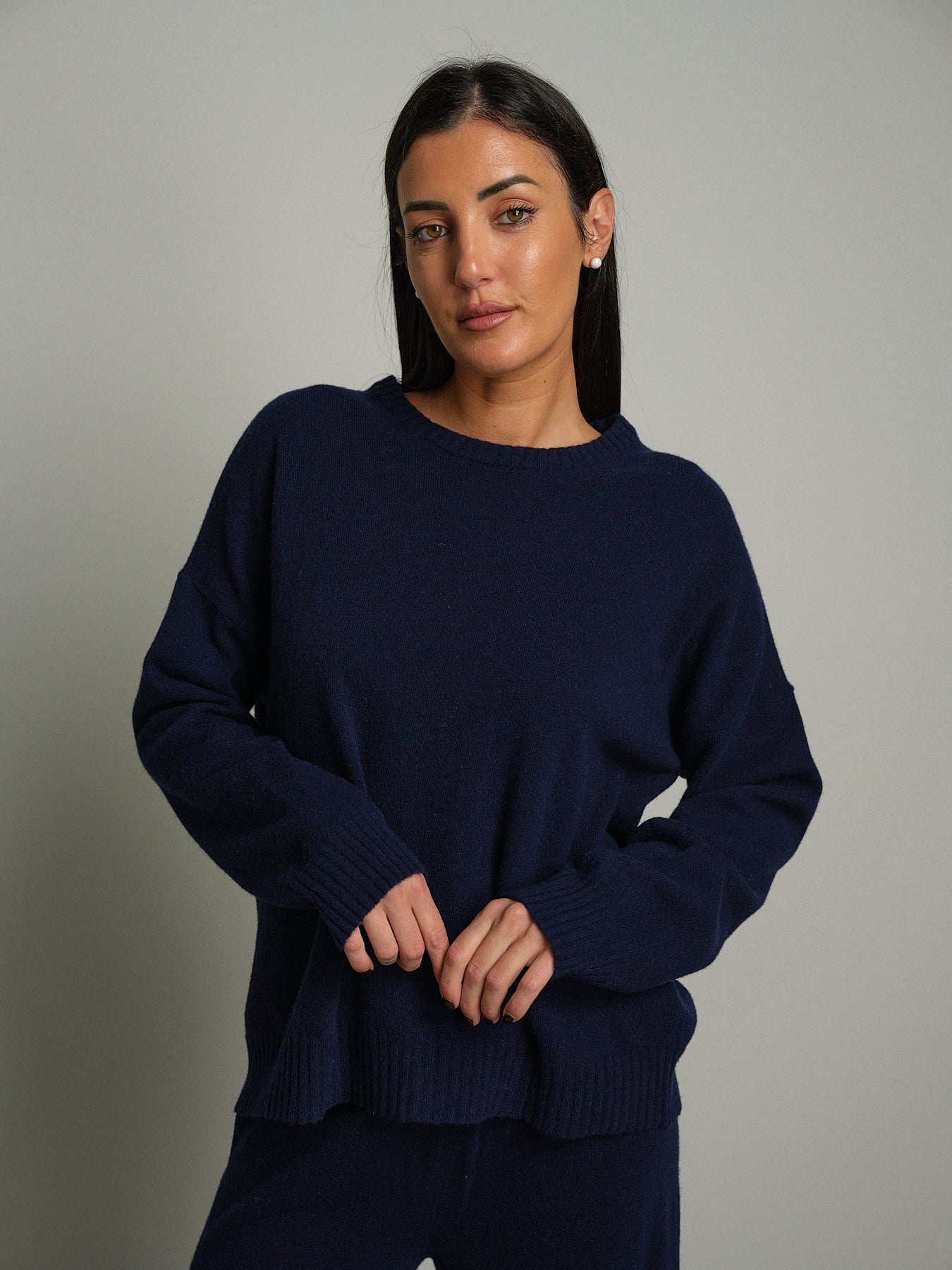 Completo in maglia girocollo misto lana - Blu