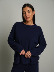 Completo in maglia girocollo misto lana - Blu