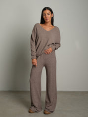 Completo in maglia scollo V over - Tortora