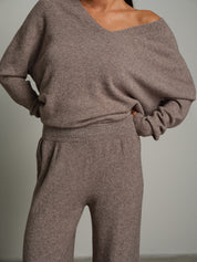 Completo in maglia scollo V over - Tortora