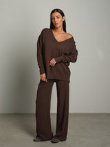 Completo in maglia scollo V over - moro