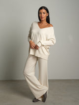 Completo in maglia scollo V over - Panna