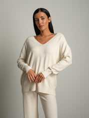 Completo in maglia scollo V over - Panna