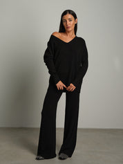 Completo in maglia scollo V over - Nero