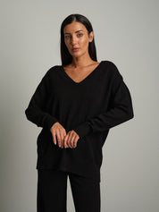 Completo in maglia scollo V over - Nero