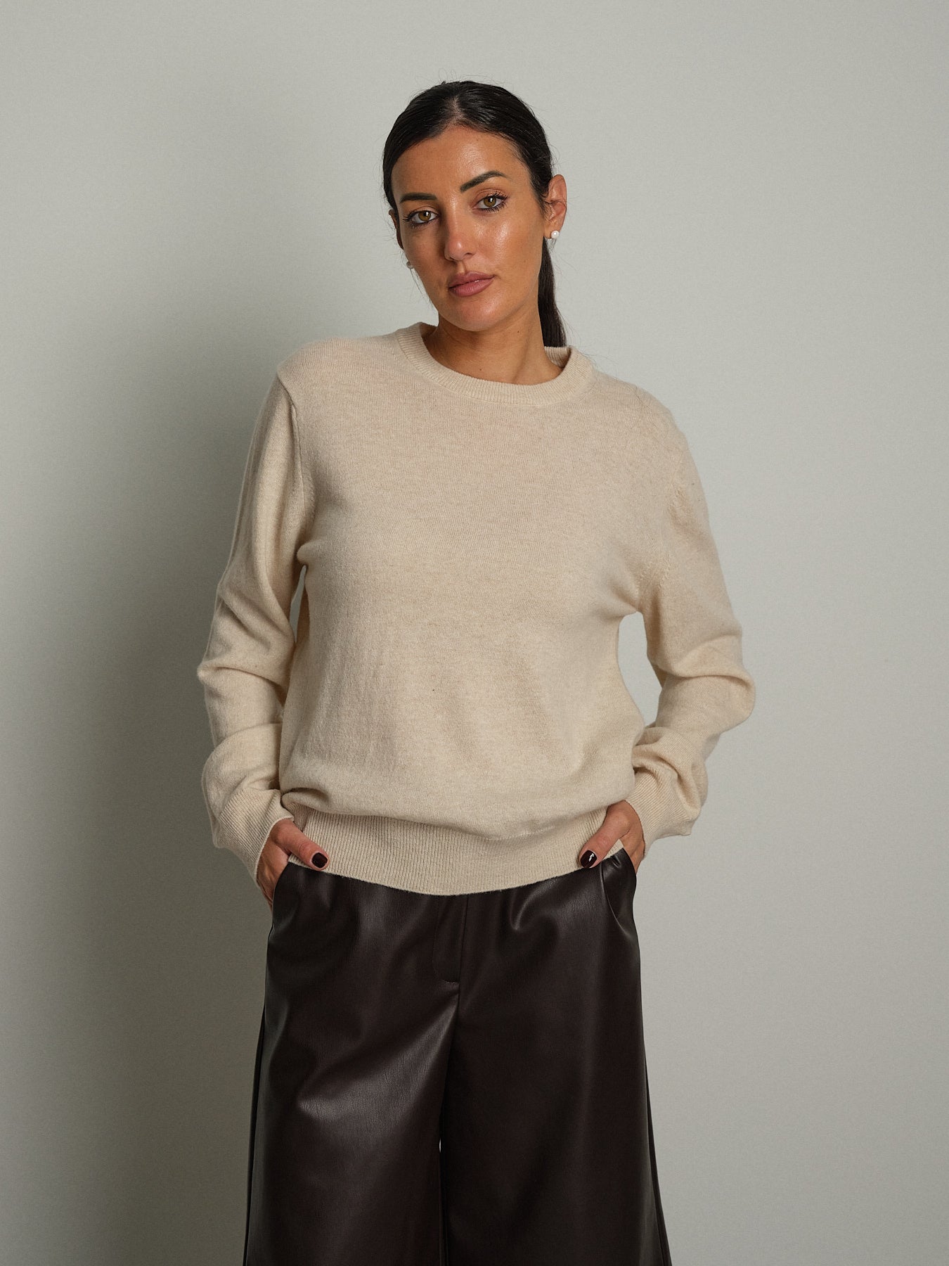 Maglia girocollo basic misto lana - Beige