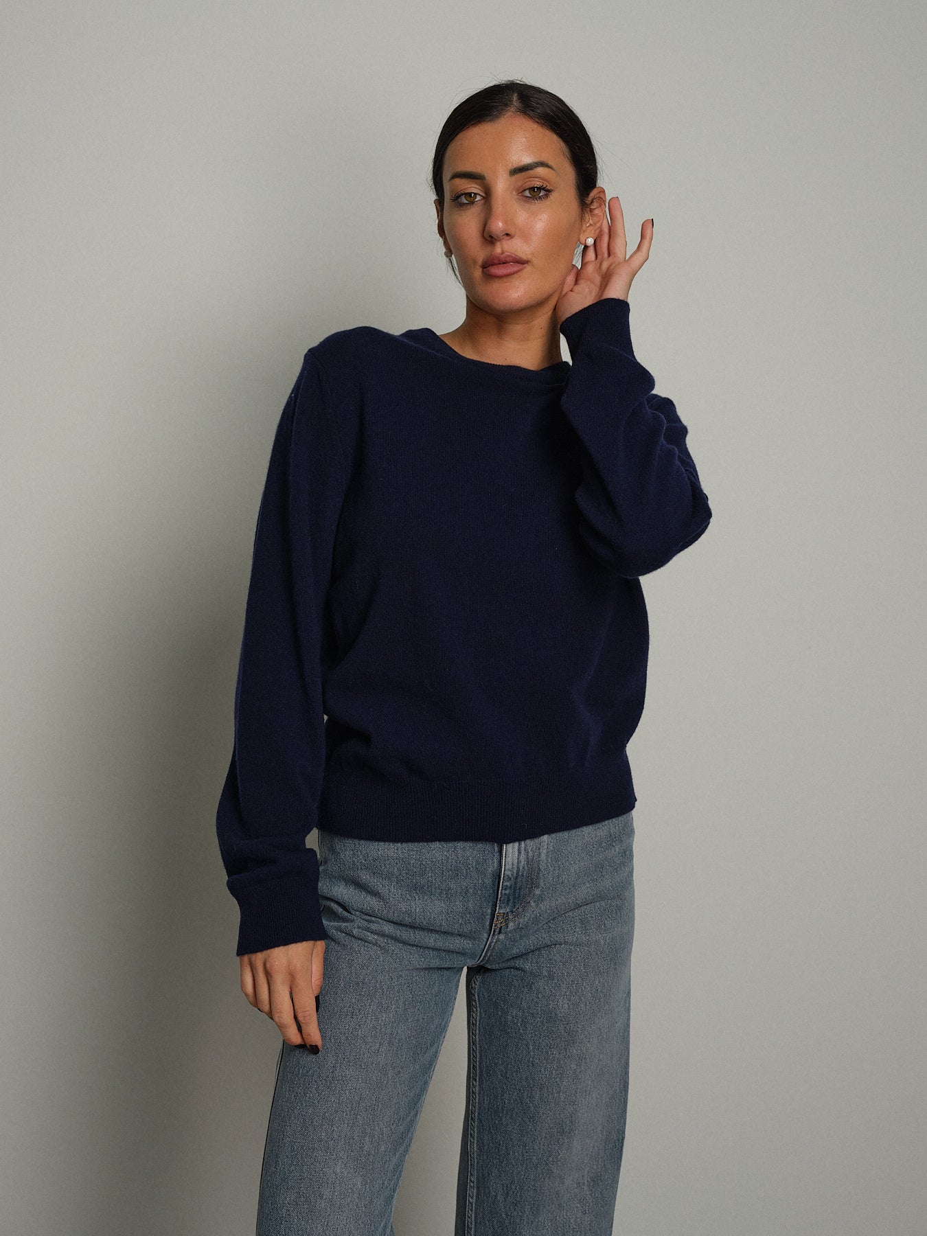 Maglia girocollo basic misto lana - Blu notte