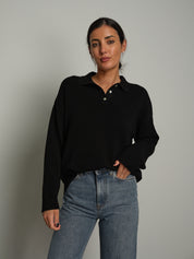 Polo bottoni orli costina - Nero