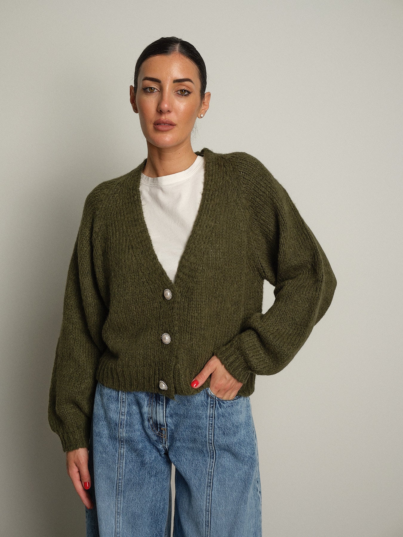 cardigan bottoni gioiello - Verde militare