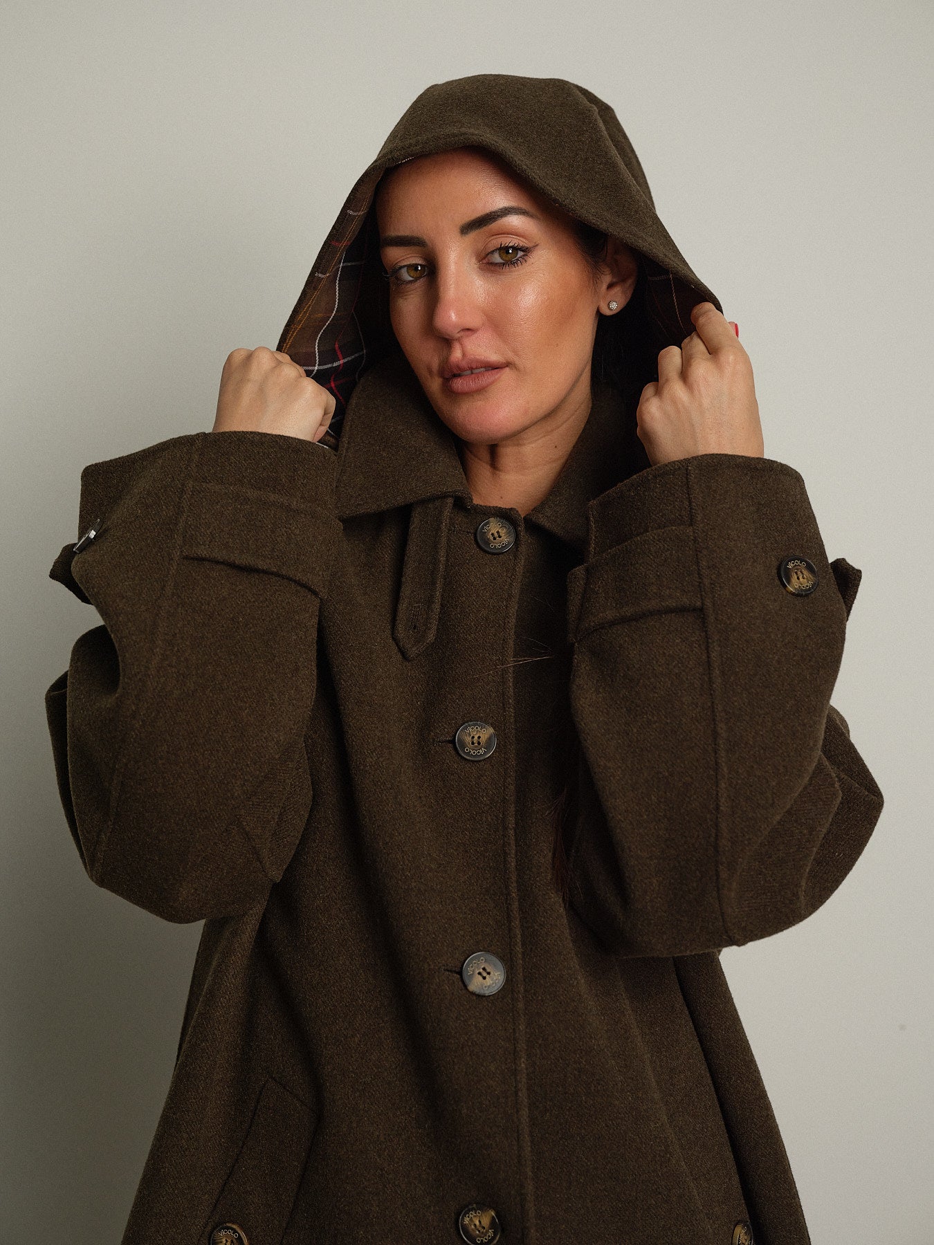 cappotto lungo check cappuccio - Verde militare