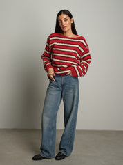 Maglione scollo barca righe - Rosso