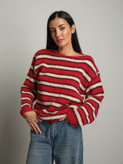 Maglione scollo barca righe - Rosso
