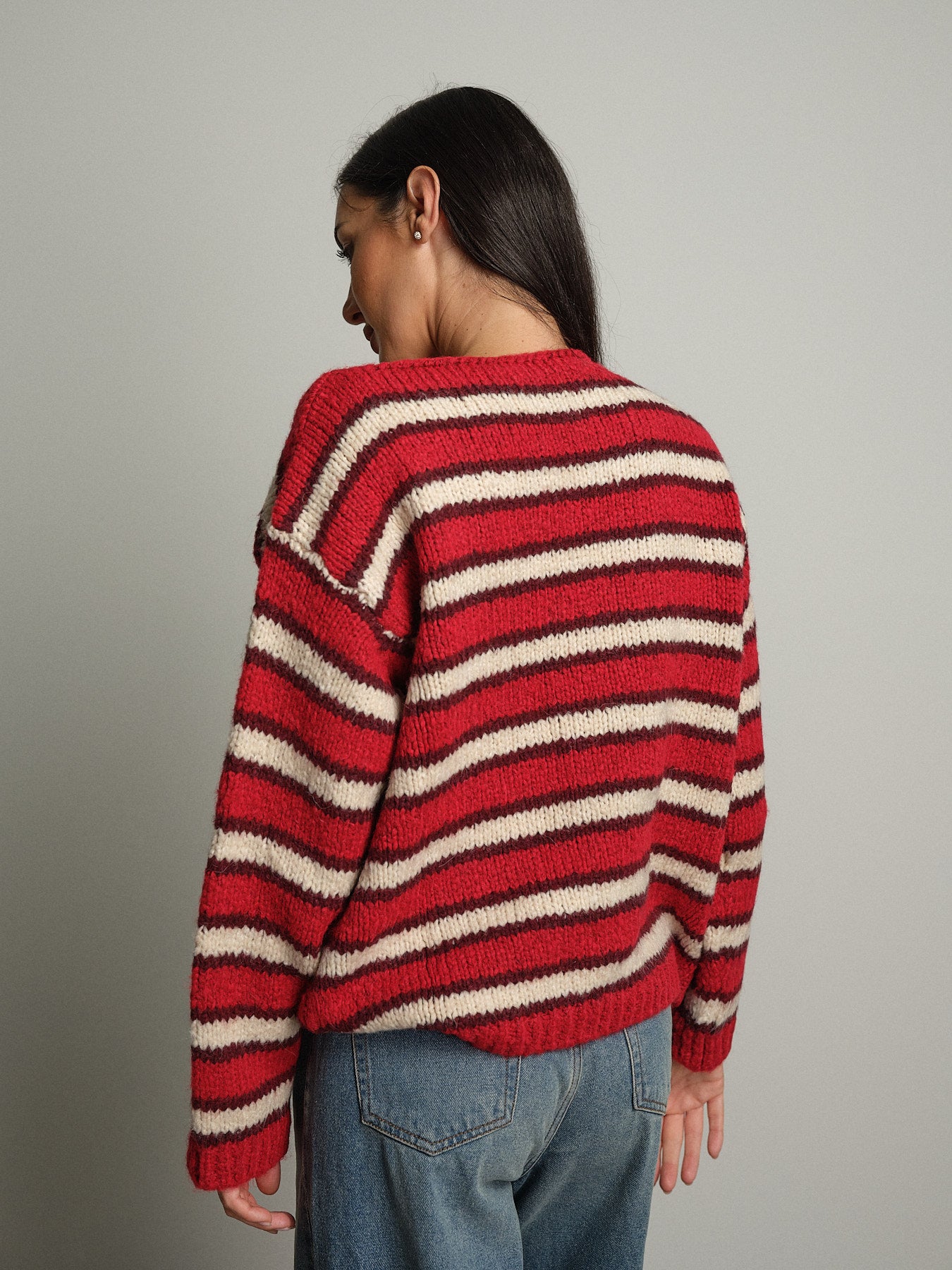 Maglione scollo barca righe - Rosso