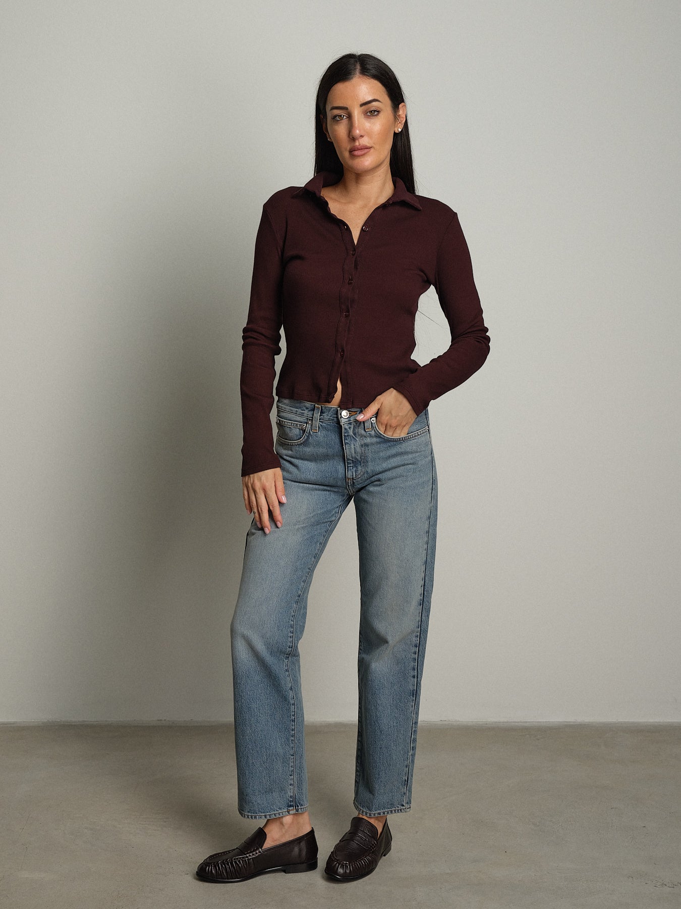Cardigan costina bottoni colletto - Bordeaux