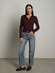 Cardigan costina bottoni colletto - Bordeaux