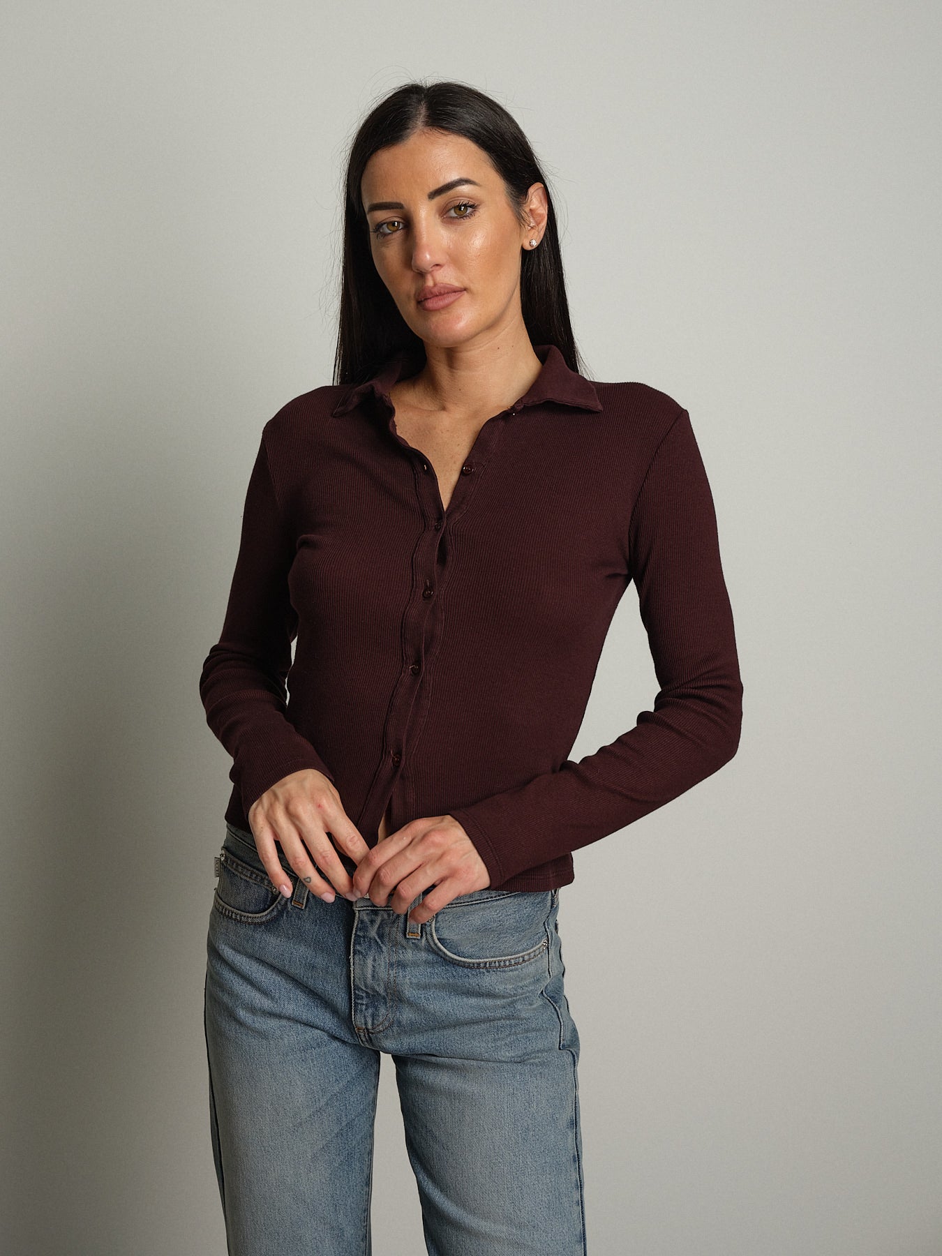 Cardigan costina bottoni colletto - Bordeaux