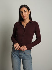 Cardigan costina bottoni colletto - Bordeaux