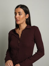 Cardigan costina bottoni colletto - Bordeaux