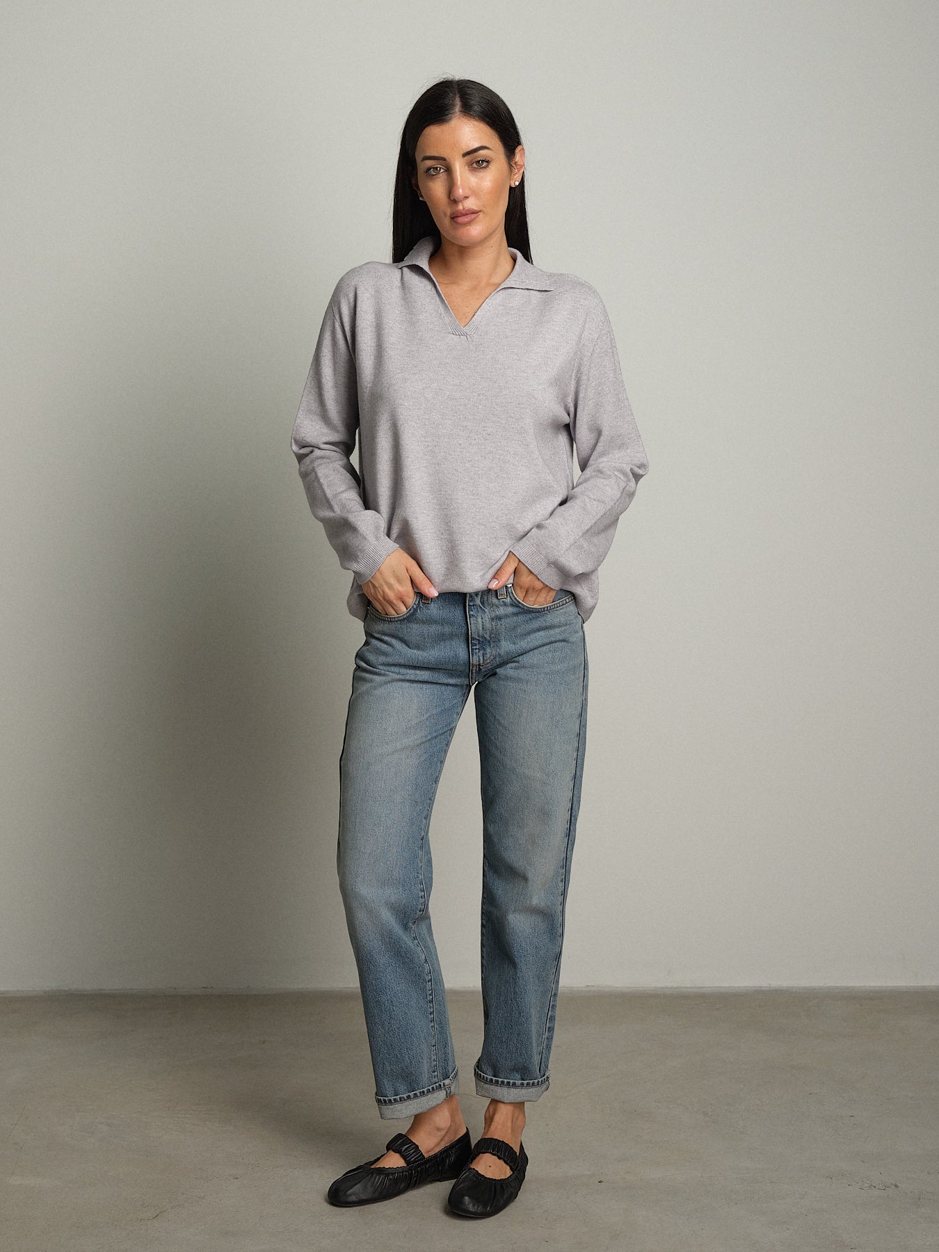 polo scollo v in maglia - Grigio perla