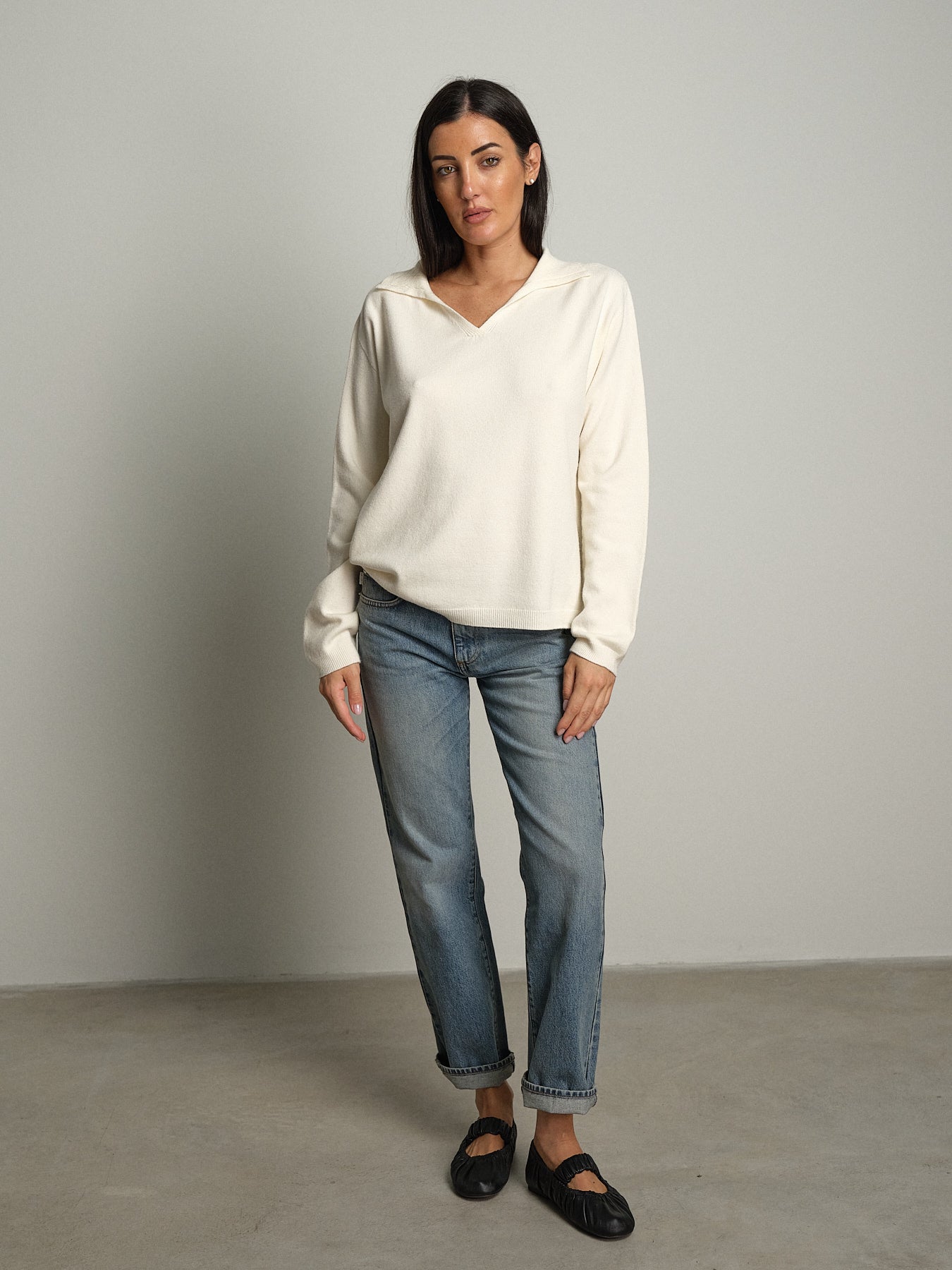 polo scollo v in maglia - Burro