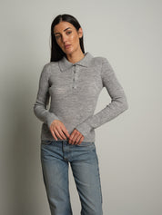 Polo costina bottoni strass - Grigio perla