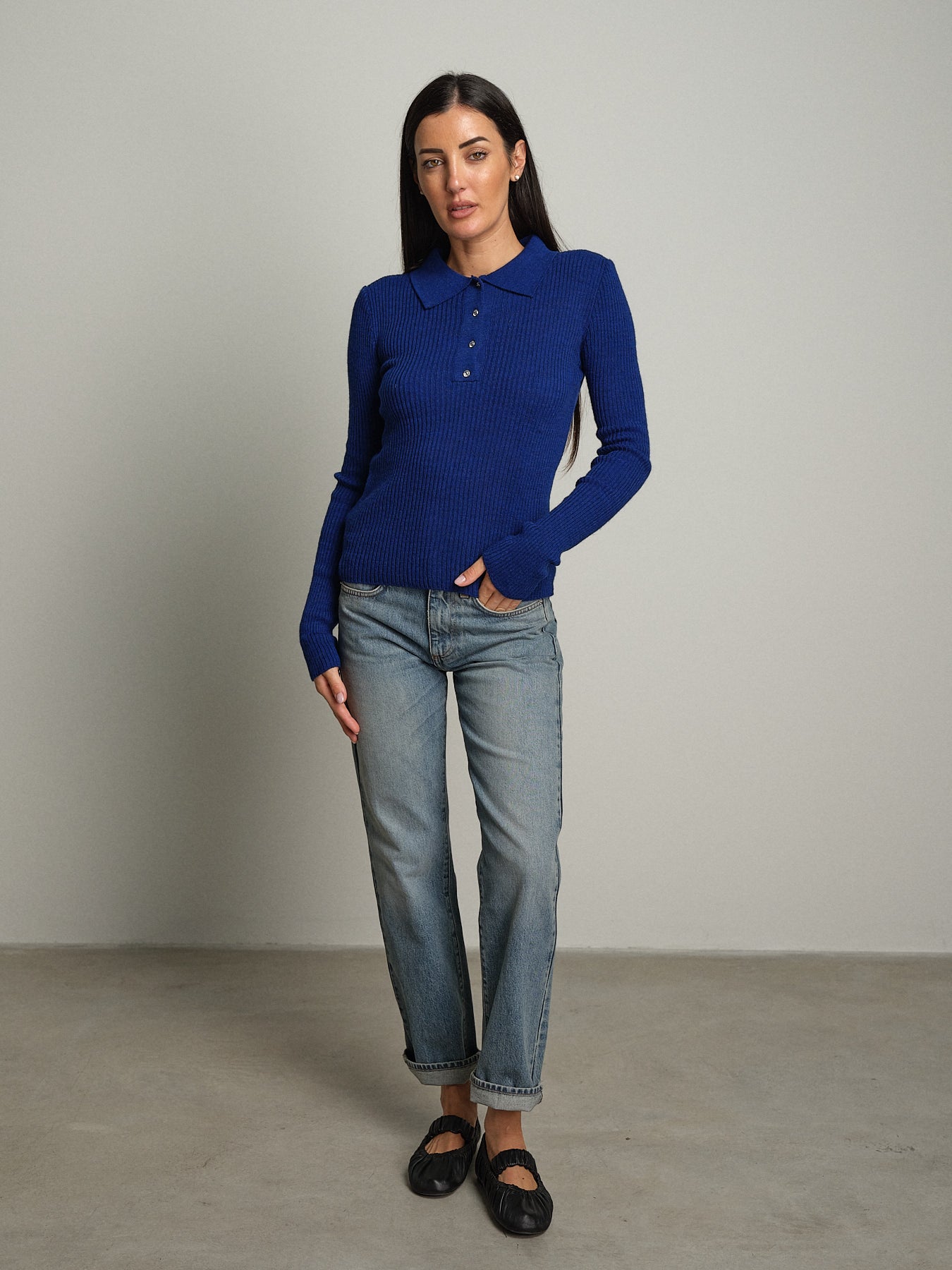 Polo costina bottoni strass - Blu