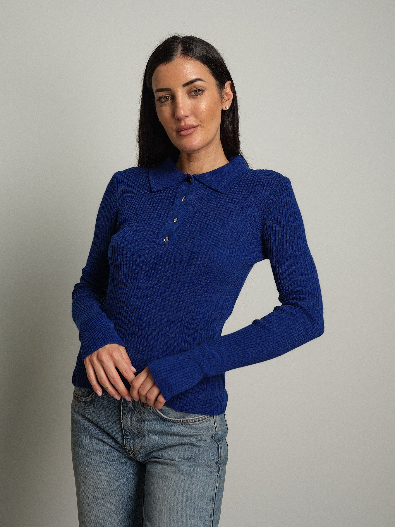Polo costina bottoni strass - Blu