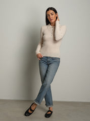 Polo costina bottoni strass - Panna