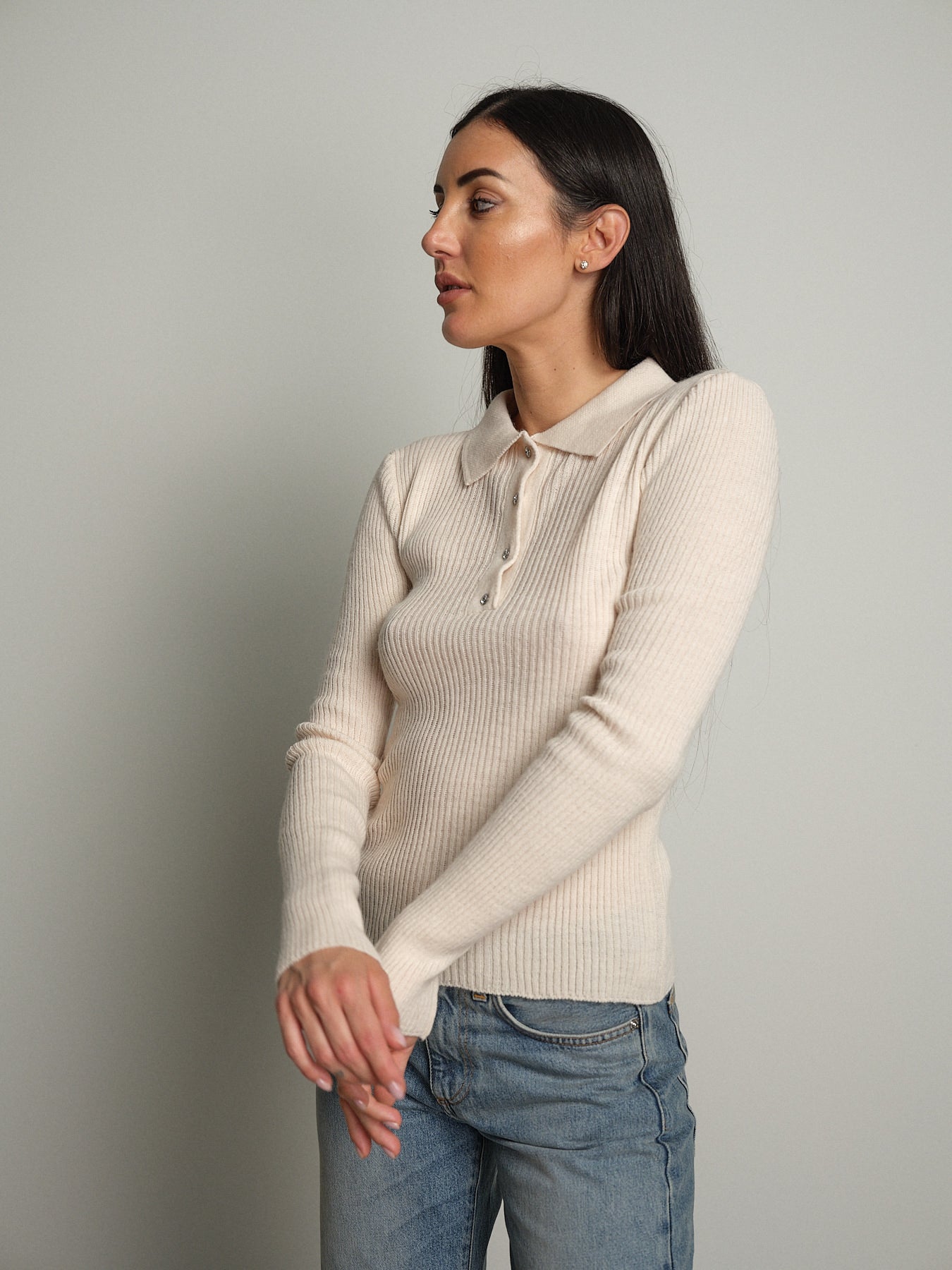 Polo costina bottoni strass - Panna