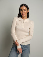 Polo costina bottoni strass - Panna